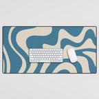 Retro Liquid Swirl Abstract Pattern in Beige and Boho Blue Desk Mat Gallery Image 1