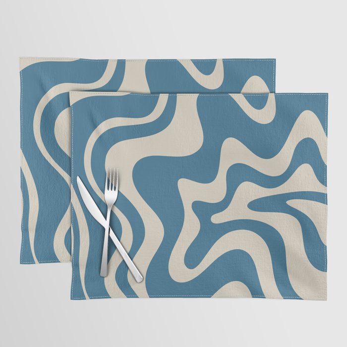 Retro Liquid Swirl Abstract Pattern in Beige and Boho Blue Placemat Gallery Image 1