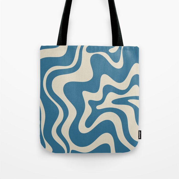 Retro Liquid Swirl Abstract Pattern in Beige and Boho Blue Tote Bag Gallery Image 1
