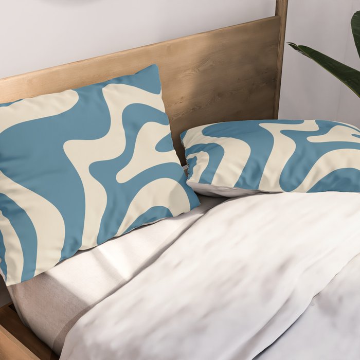 Retro Liquid Swirl Abstract Pattern in Beige and Boho Blue Pillow Sham Gallery Image 2