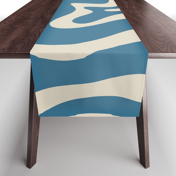 Retro Liquid Swirl Abstract Pattern in Beige and Boho Blue Table Runner Gallery Image 1