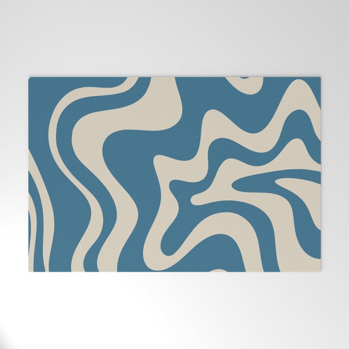 Retro Liquid Swirl Abstract Pattern in Beige and Boho Blue Welcome Mat Gallery Image 1