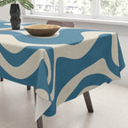 Retro Liquid Swirl Abstract Pattern in Beige and Boho Blue Tablecloth Gallery Image 3
