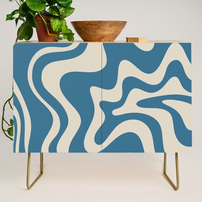 Retro Liquid Swirl Abstract Pattern in Beige and Boho Blue Credenza Gallery Image 1
