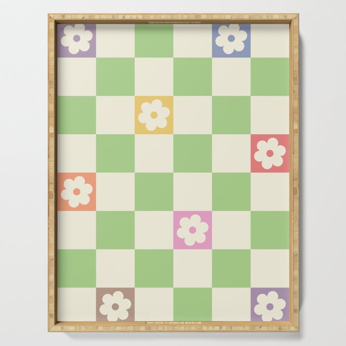 Colorful Flowers Green Check  Serving Tray Gallery Image 1