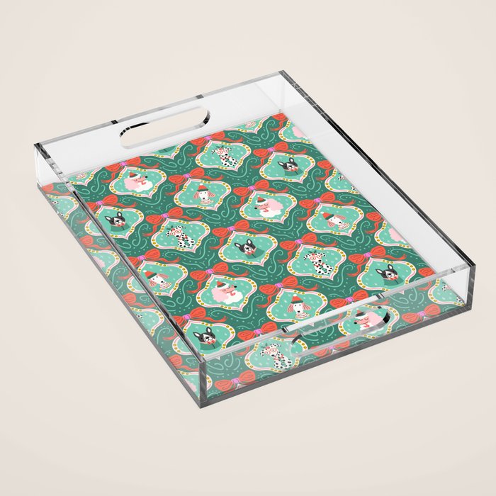Christmas Dogs Festive Furry Holiday Ornaments Damask Dark Green  Acrylic Tray Gallery Image 1