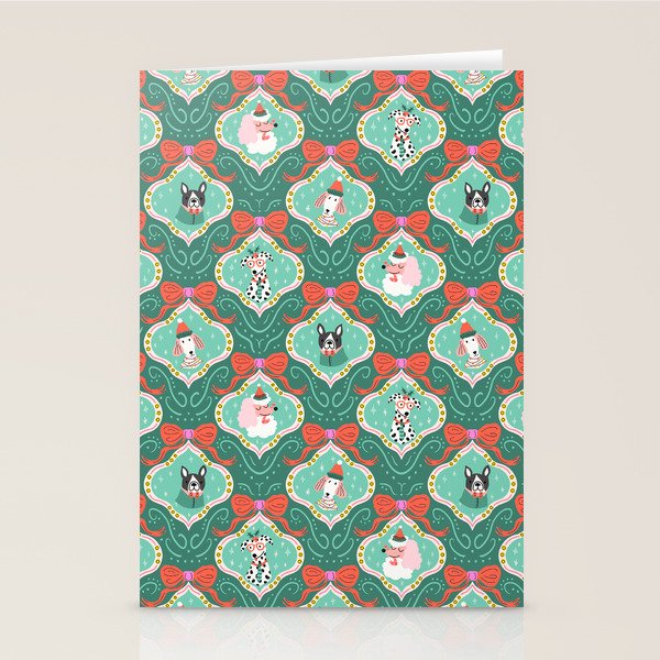 Christmas Dogs Festive Furry Holiday Ornaments Damask Dark Green  Stationery Card Gallery Image 2