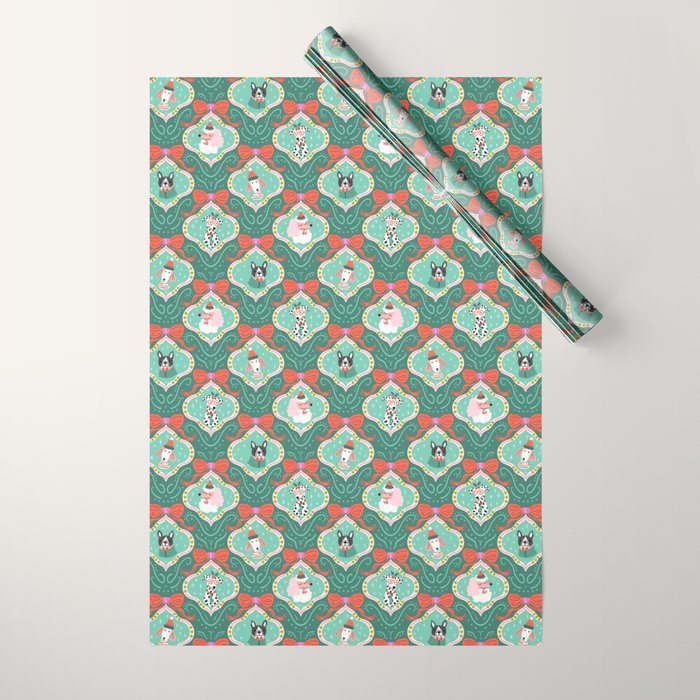 Christmas Dogs Festive Furry Holiday Ornaments Damask Dark Green  Wrapping Paper Gallery Image 1