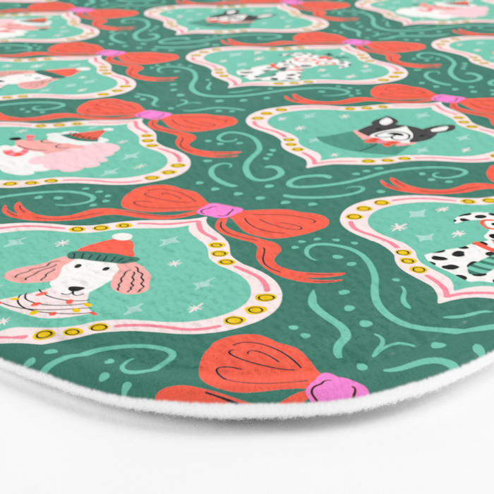 Christmas Dogs Festive Furry Holiday Ornaments Damask Dark Green  Bath Mat Gallery Image 3