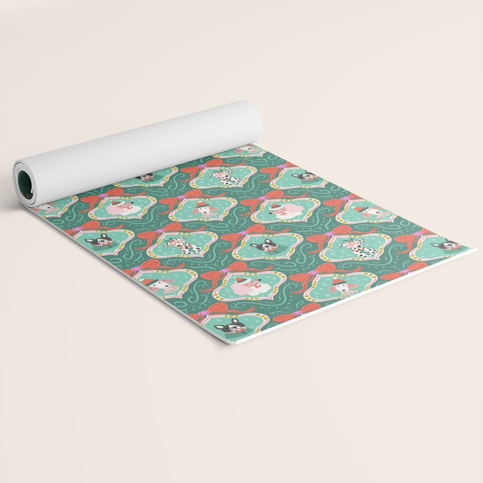 Christmas Dogs Festive Furry Holiday Ornaments Damask Dark Green  Yoga Mat Gallery Image 2