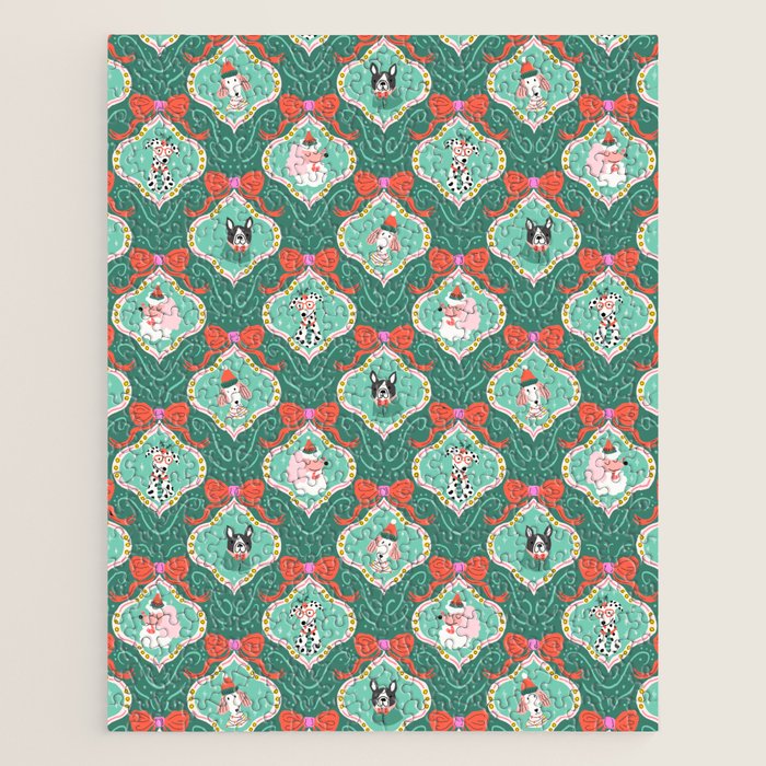 Christmas Dogs Festive Furry Holiday Ornaments Damask Dark Green  Jigsaw Puzzle Gallery Image 1