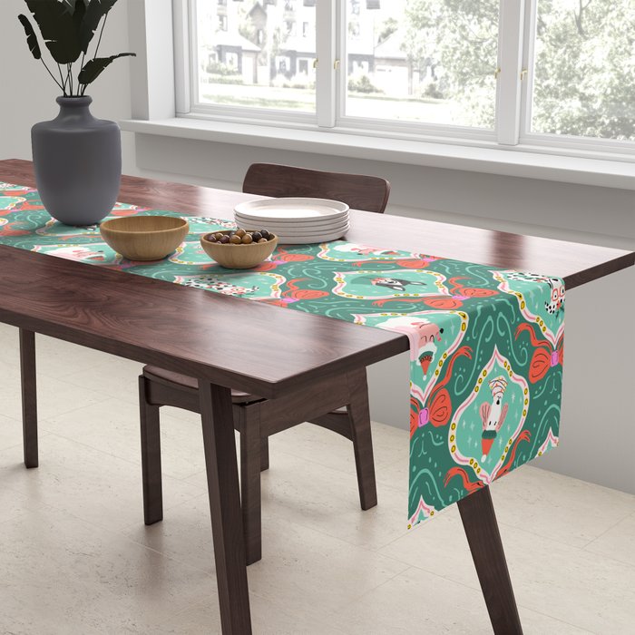 Christmas Dogs Festive Furry Holiday Ornaments Damask Dark Green  Table Runner Gallery Image 2