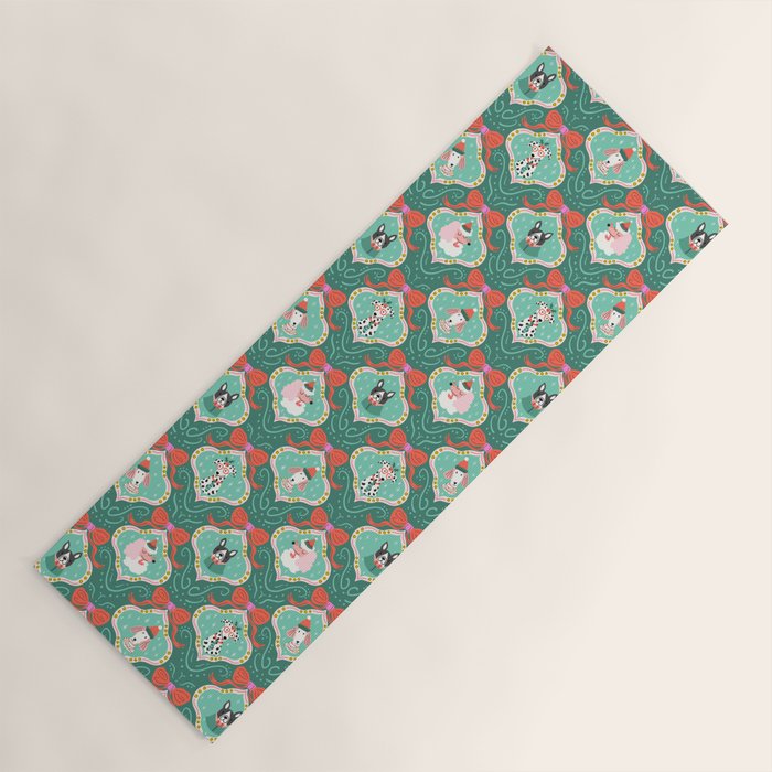 Christmas Dogs Festive Furry Holiday Ornaments Damask Dark Green  Yoga Mat Gallery Image 1