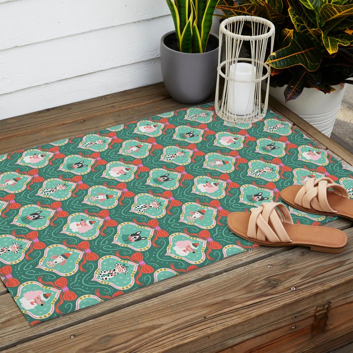 Christmas Dogs Festive Furry Holiday Ornaments Damask Dark Green  Outdoor Rug Gallery Image 2