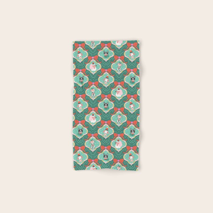 Christmas Dogs Festive Furry Holiday Ornaments Damask Dark Green  Bath Towel Gallery Image 1