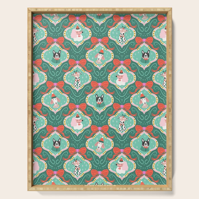 Christmas Dogs Festive Furry Holiday Ornaments Damask Dark Green  Serving Tray Gallery Image 1
