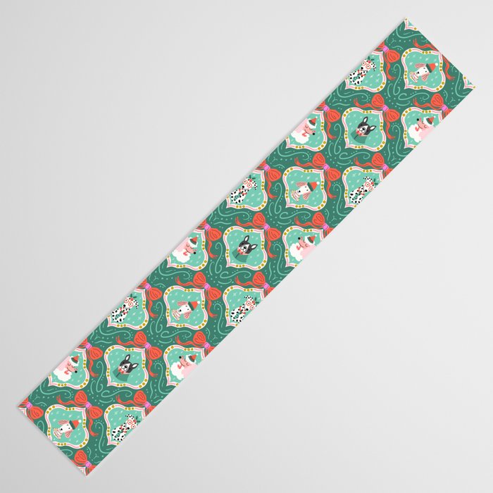 Christmas Dogs Festive Furry Holiday Ornaments Damask Dark Green  Table Runner Gallery Image 3