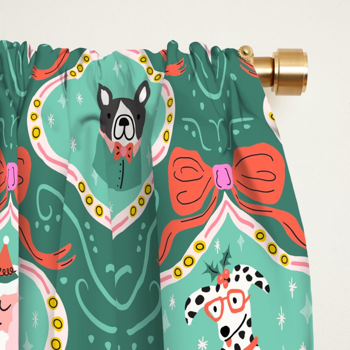 Christmas Dogs Festive Furry Holiday Ornaments Damask Dark Green  Window Curtain Gallery Image 2