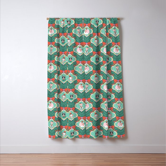 Christmas Dogs Festive Furry Holiday Ornaments Damask Dark Green  Window Curtain Gallery Image 3