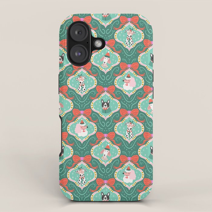 Christmas Dogs Festive Furry Holiday Ornaments Damask Dark Green  iPhone Case Gallery Image 1
