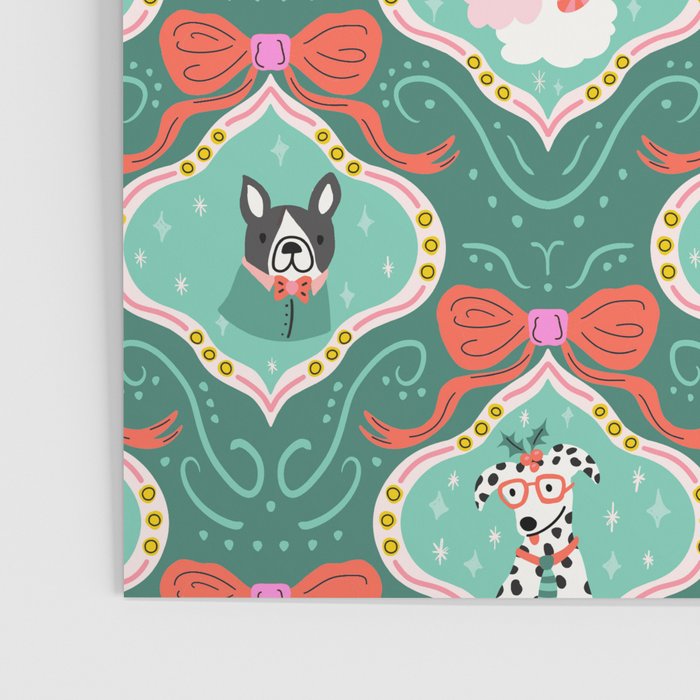 Christmas Dogs Festive Furry Holiday Ornaments Damask Dark Green  Poster Gallery Image 3