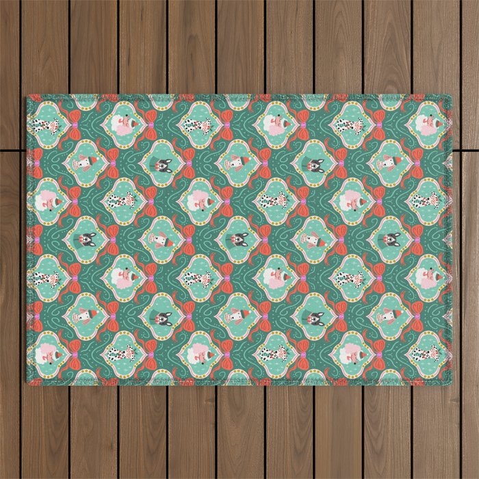 Christmas Dogs Festive Furry Holiday Ornaments Damask Dark Green  Outdoor Rug Gallery Image 1