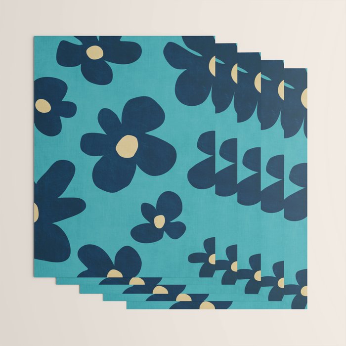 Turquoise Navy Flowers Minimalist Artwork Wrapping Paper Gallery Image 3