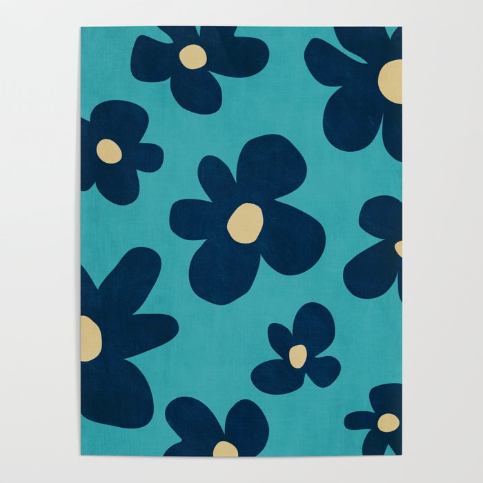 Turquoise Navy Flowers Minimalist Artwork Poster Gallery Image 4