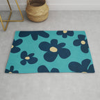 Turquoise Navy Flowers Minimalist Artwork Rug Gallery Image 1