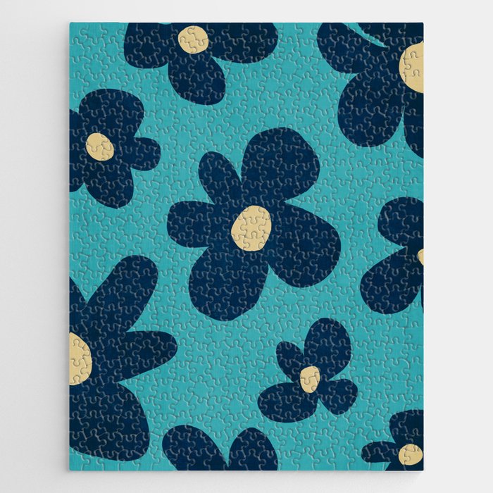 Turquoise Navy Flowers Minimalist Artwork Jigsaw Puzzle Gallery Image 1