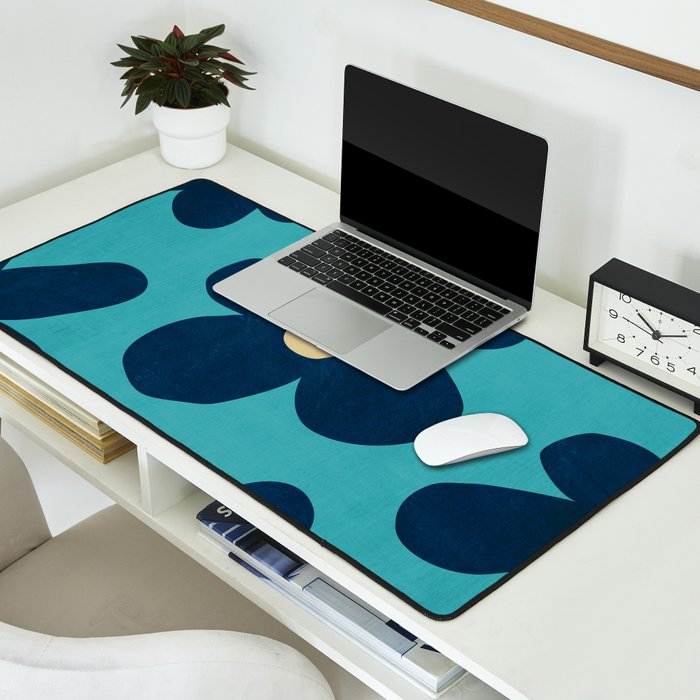 Turquoise Navy Flowers Minimalist Artwork Desk Mat Gallery Image 2