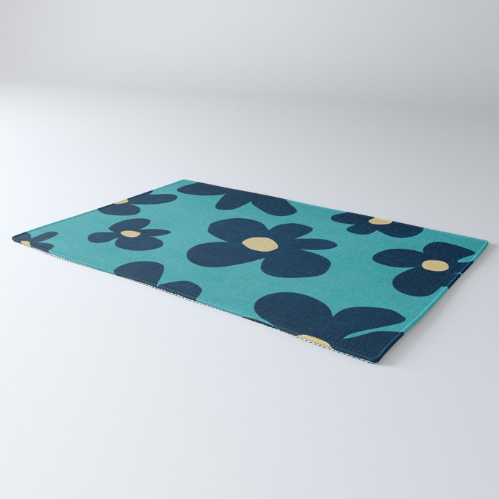 Turquoise Navy Flowers Minimalist Artwork Rug Gallery Image 3