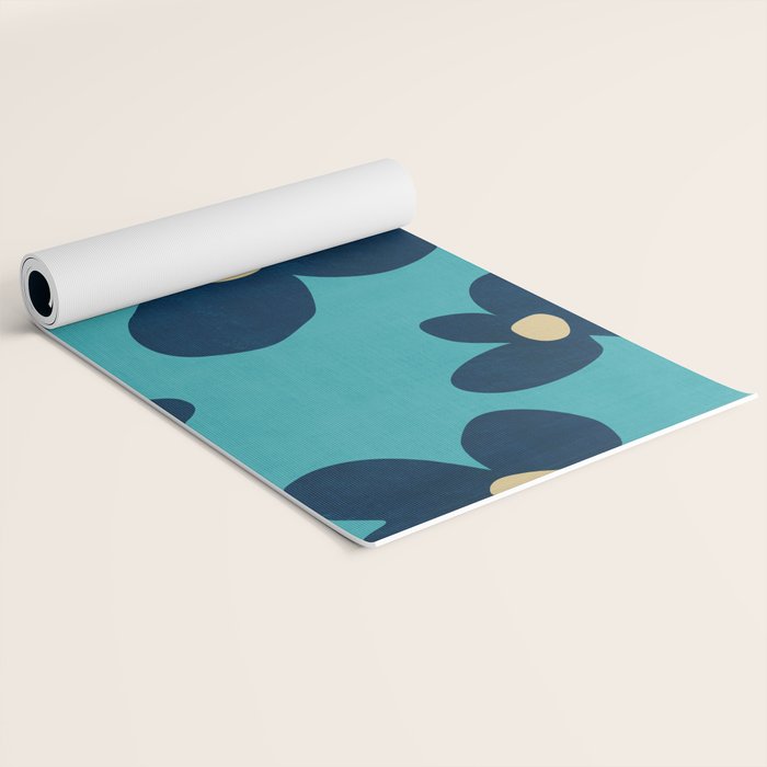 Turquoise Navy Flowers Minimalist Artwork Yoga Mat Gallery Image 2