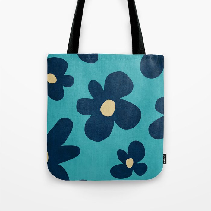 Turquoise Navy Flowers Minimalist Artwork Tote Bag Gallery Image 1