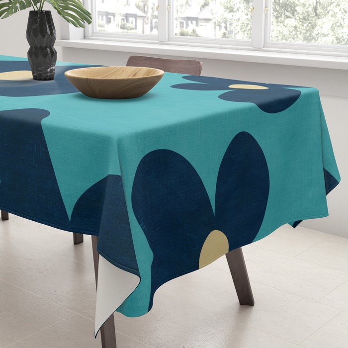 Turquoise Navy Flowers Minimalist Artwork Tablecloth Gallery Image 3