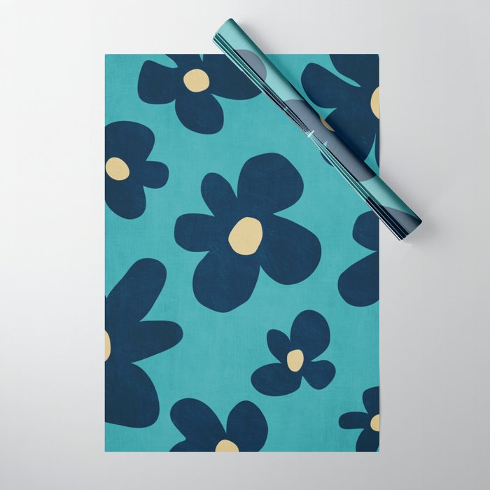 Turquoise Navy Flowers Minimalist Artwork Wrapping Paper Gallery Image 1