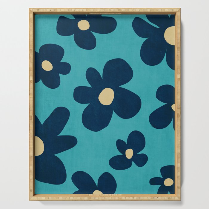 Turquoise Navy Flowers Minimalist Artwork Serving Tray Gallery Image 1