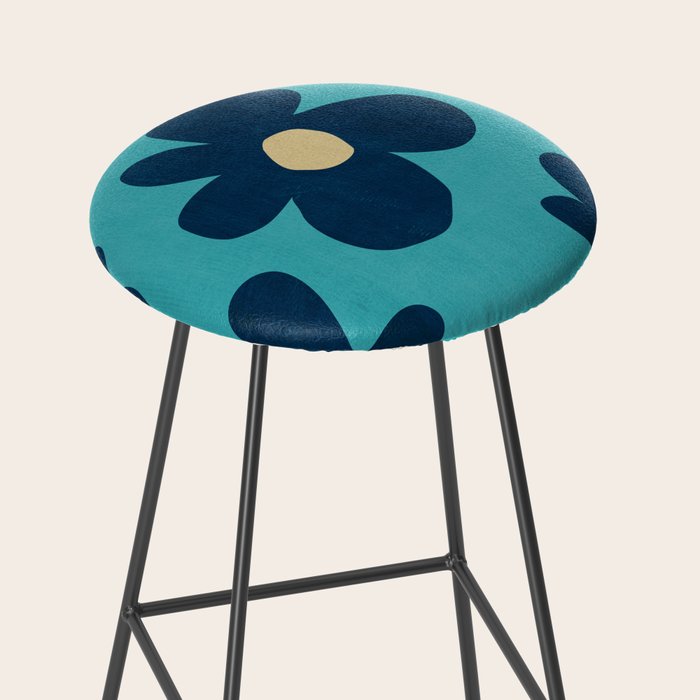 Turquoise Navy Flowers Minimalist Artwork Stool Gallery Image 2