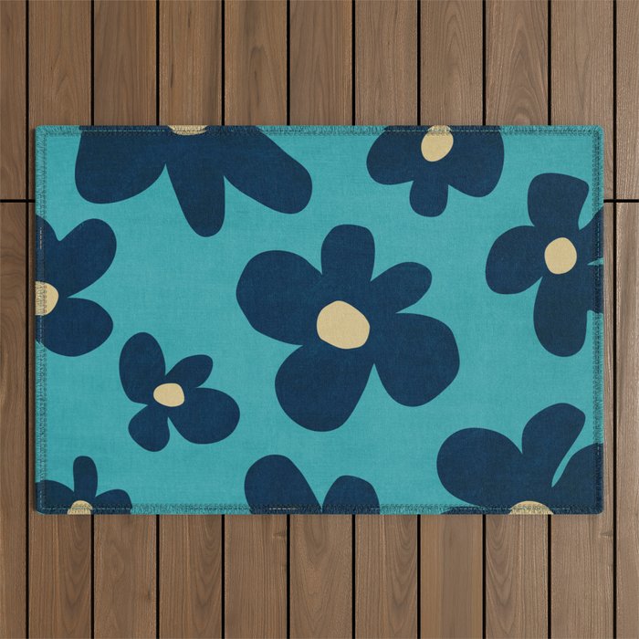 Turquoise Navy Flowers Minimalist Artwork Outdoor Rug Gallery Image 1