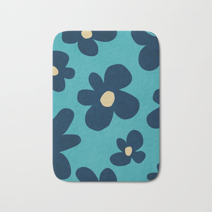 Turquoise Navy Flowers Minimalist Artwork Bath Mat Gallery Image 1
