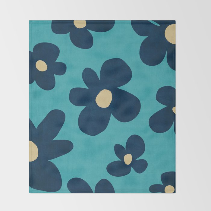 Turquoise Navy Flowers Minimalist Artwork Throw Blanket Gallery Image 2