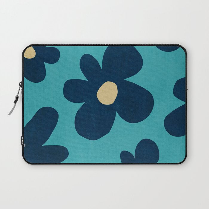 Turquoise Navy Flowers Minimalist Artwork Laptop Sleeve Gallery Image 1
