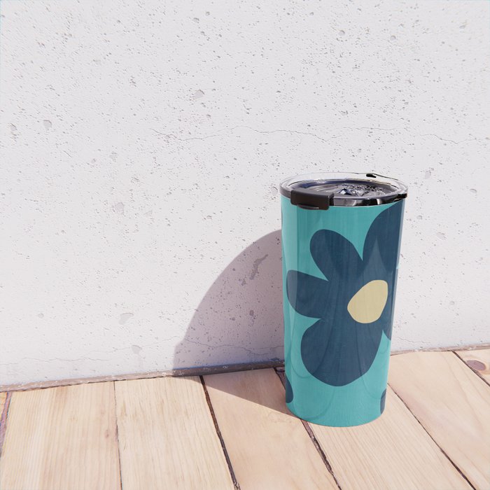 Turquoise Navy Flowers Minimalist Artwork Travel Mug Gallery Image 4