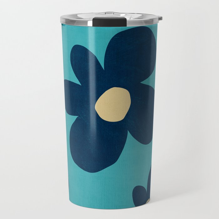 Turquoise Navy Flowers Minimalist Artwork Travel Mug
