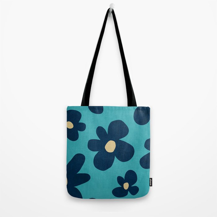 Turquoise Navy Flowers Minimalist Artwork Tote Bag Gallery Image 2
