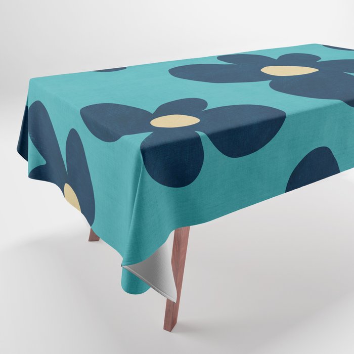 Turquoise Navy Flowers Minimalist Artwork Tablecloth Gallery Image 1