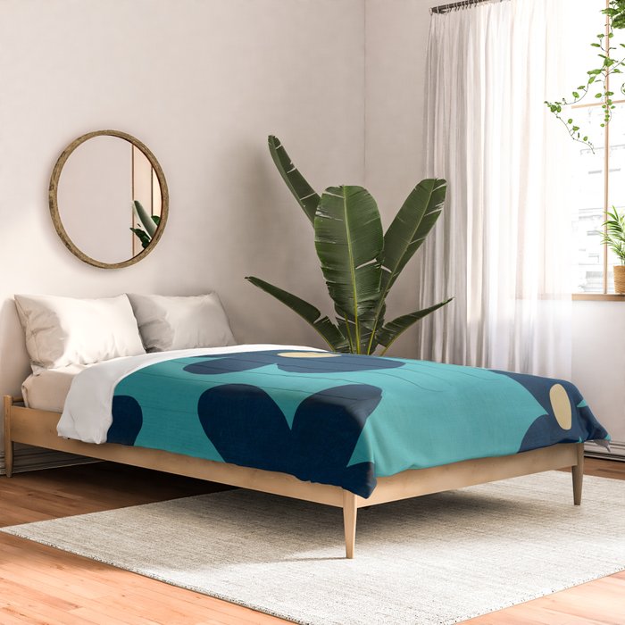 Turquoise Navy Flowers Minimalist Artwork Comforter Gallery Image 2