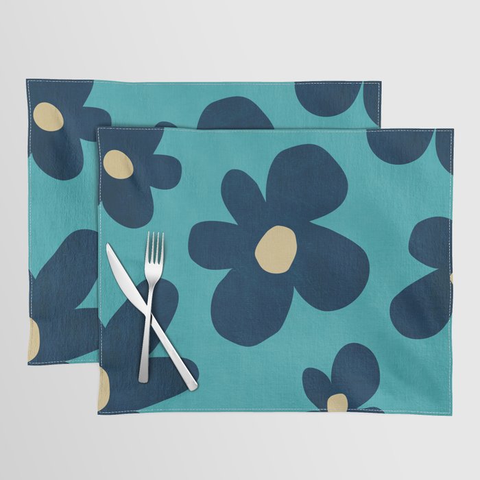 Turquoise Navy Flowers Minimalist Artwork Placemat Gallery Image 1