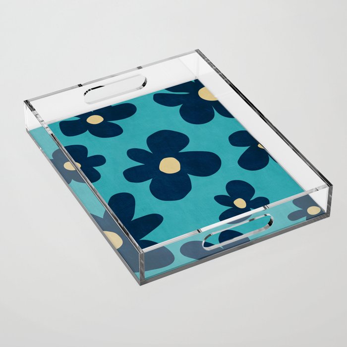 Turquoise Navy Flowers Minimalist Artwork Acrylic Tray Gallery Image 1