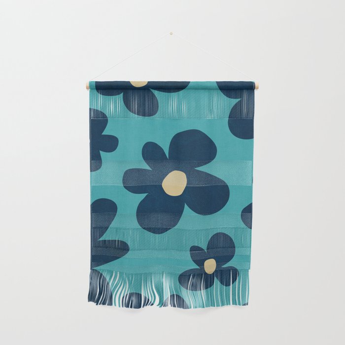 Turquoise Navy Flowers Minimalist Artwork Wall Hanging Gallery Image 1